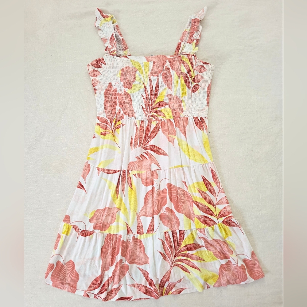 Soma Wknd Tropical Leafy Rayon Dress Ruffle Straps Womens Large Beachy Summery